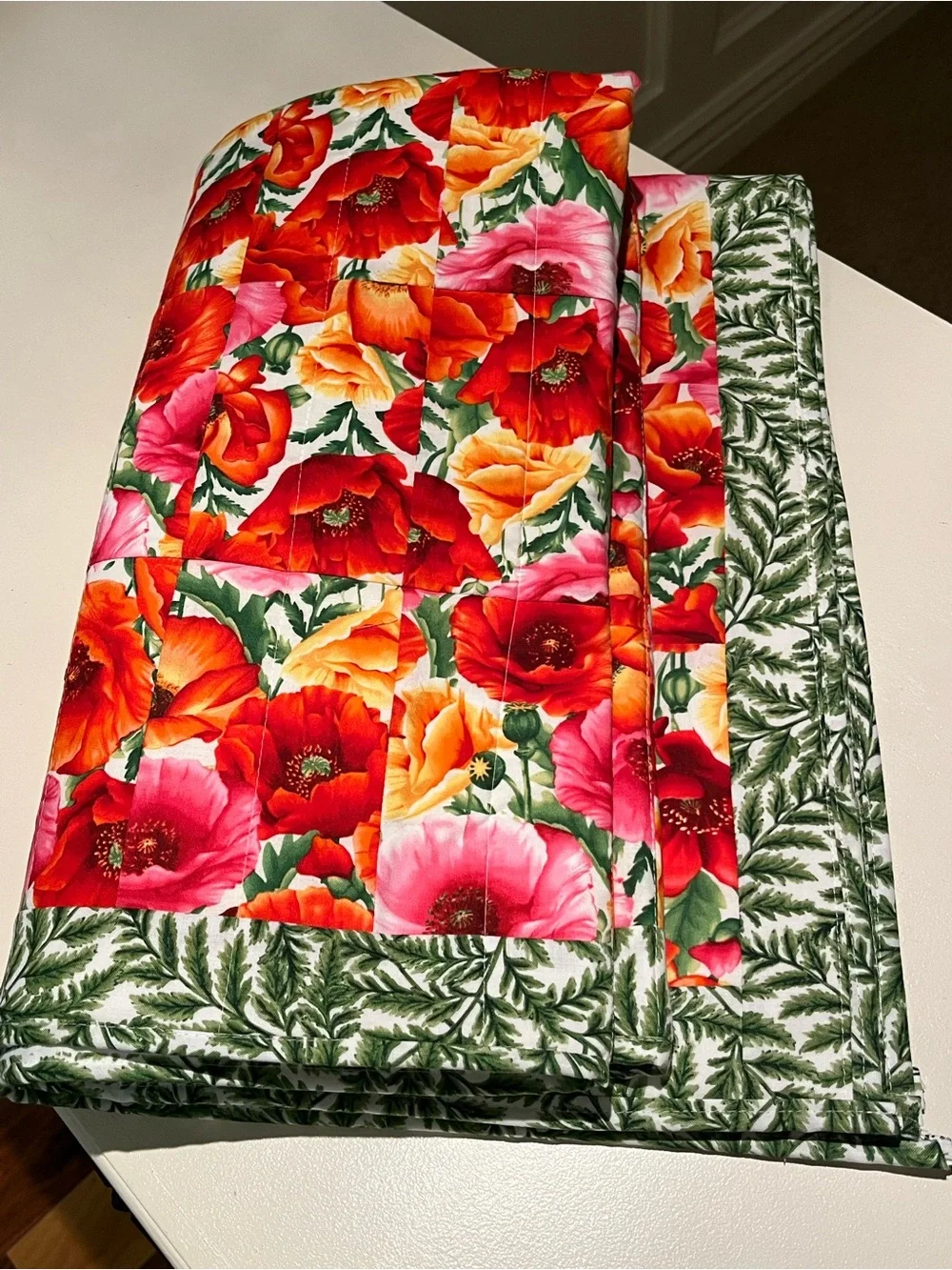 Hand Crafted Floral Patchwork Lap Quilt in Red, Pink, Orange, Green